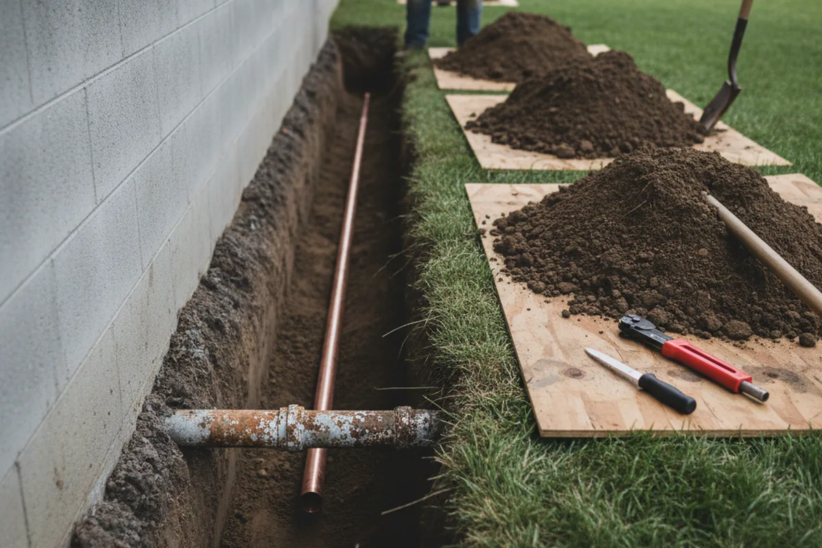 Excavated water line trench during Water Heater Repair in Harrells
